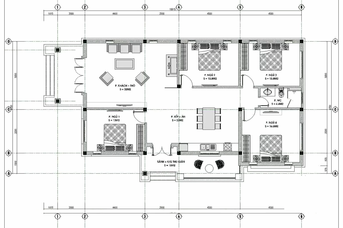 Bản vẽ nhà cấp 4 4 phòng ngủ 400 triệu tiết kiệm chi phí