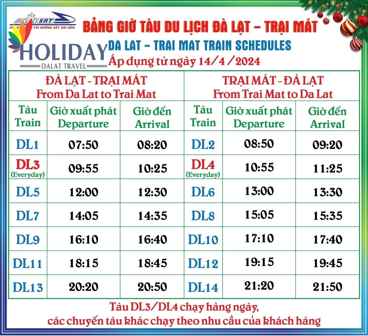 Bảng giờ tàu du lịch Ga Đà Lạt đi Trại Mát mới nhất 2026
