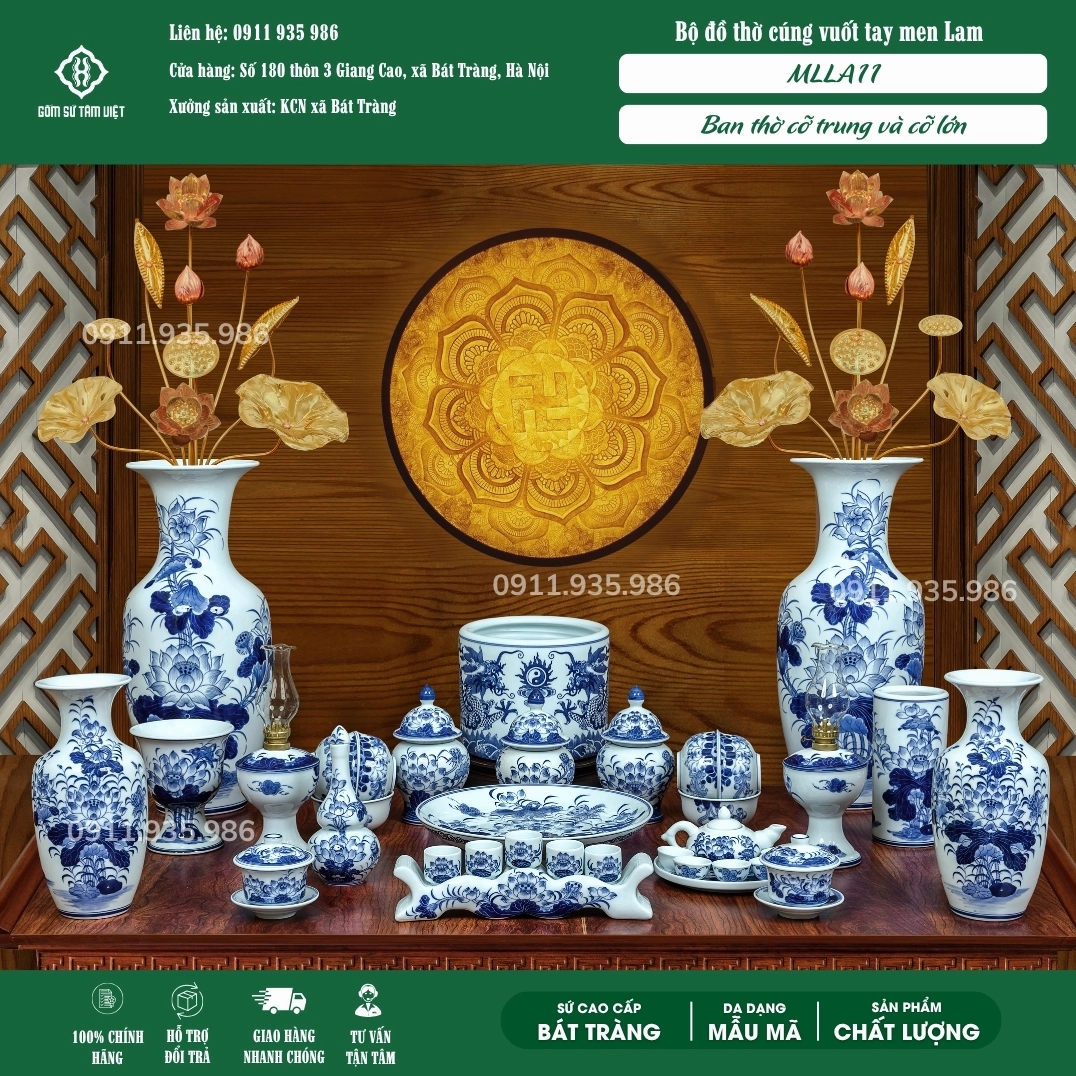 Bộ đồ thờ Bát Tràng men lam vuốt tay cho ban thờ dài 107cm - 127cm MLLA11
