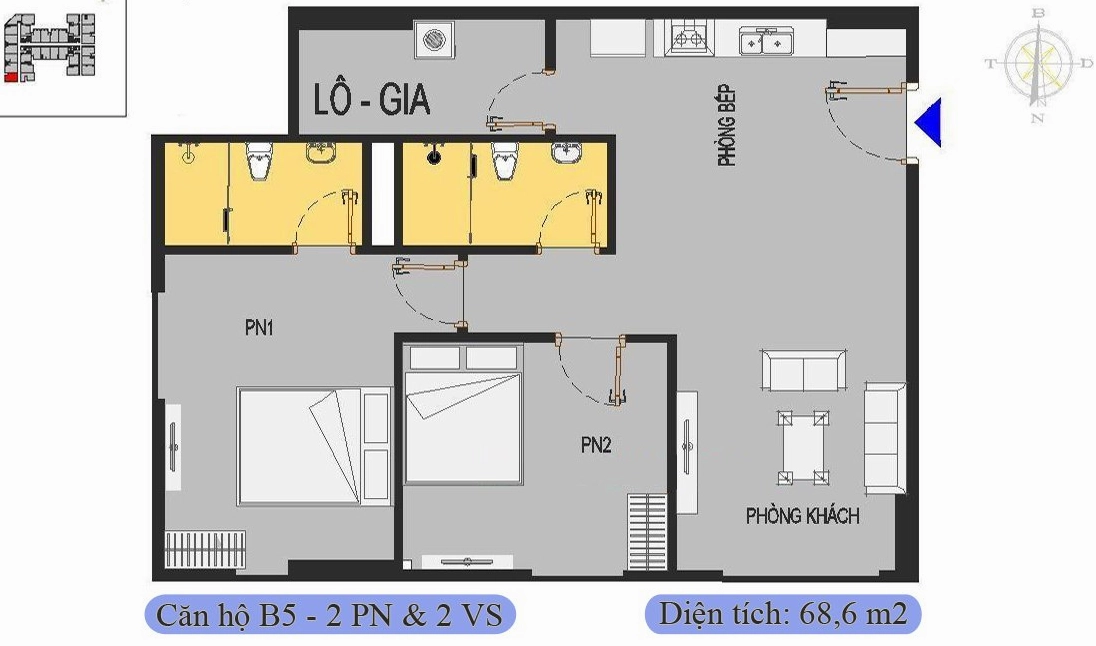Căn 68,6m2 được thiết kế 2 phòng ngủ & 2 vệ sinh
