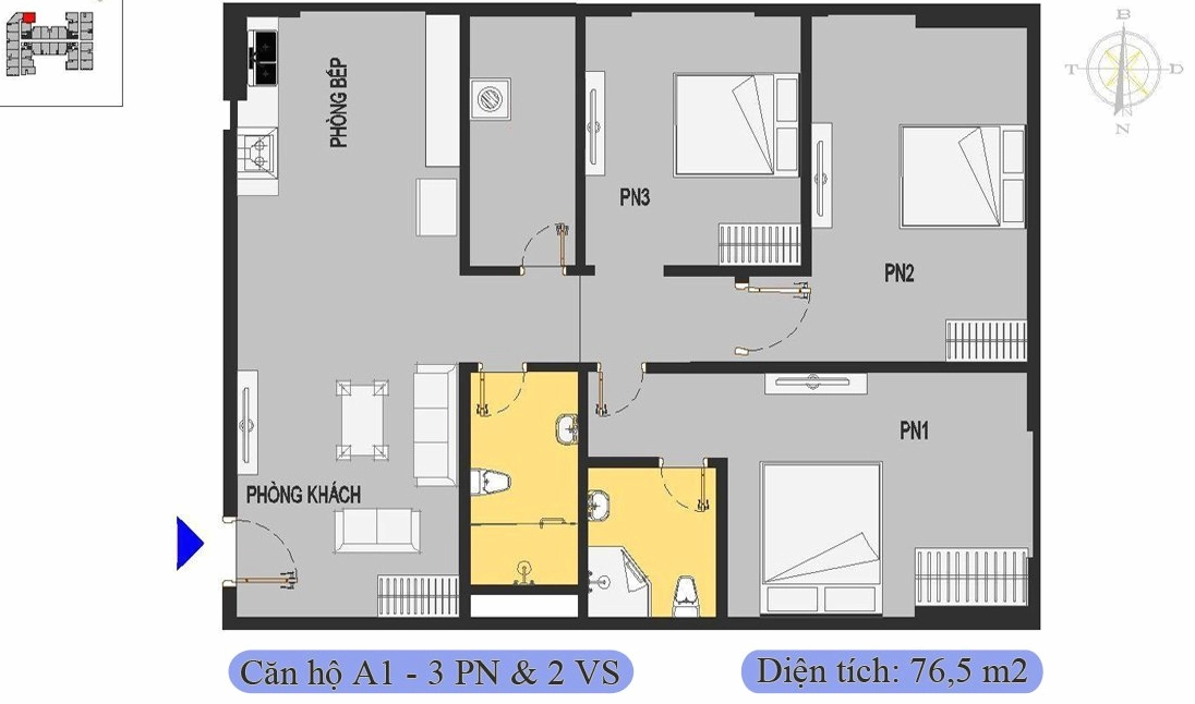 Căn 76,5m2 được thiết kế 3 phòng ngủ & 2 vệ sinh