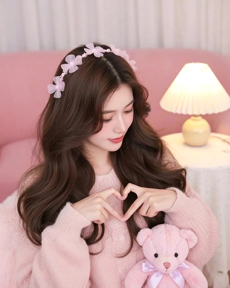 gái xinh mặc váy hồng tạo dáng cạnh bàn đèn