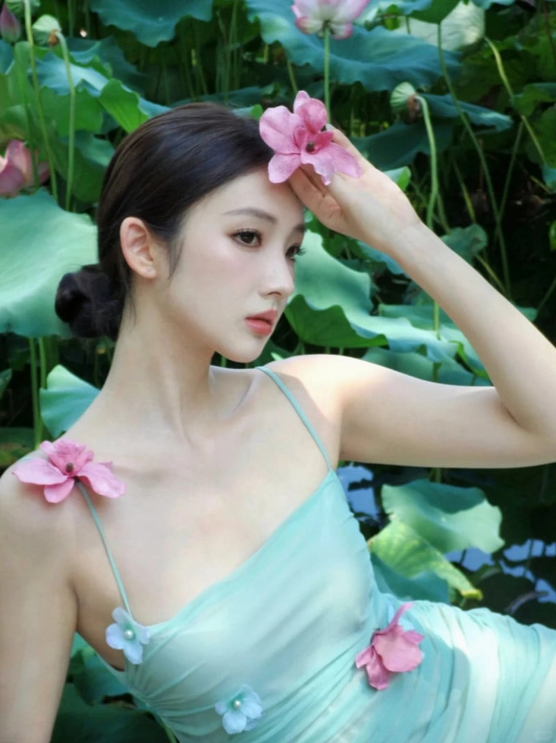 Gái xinh thướt tha trong áo yếm bên sen