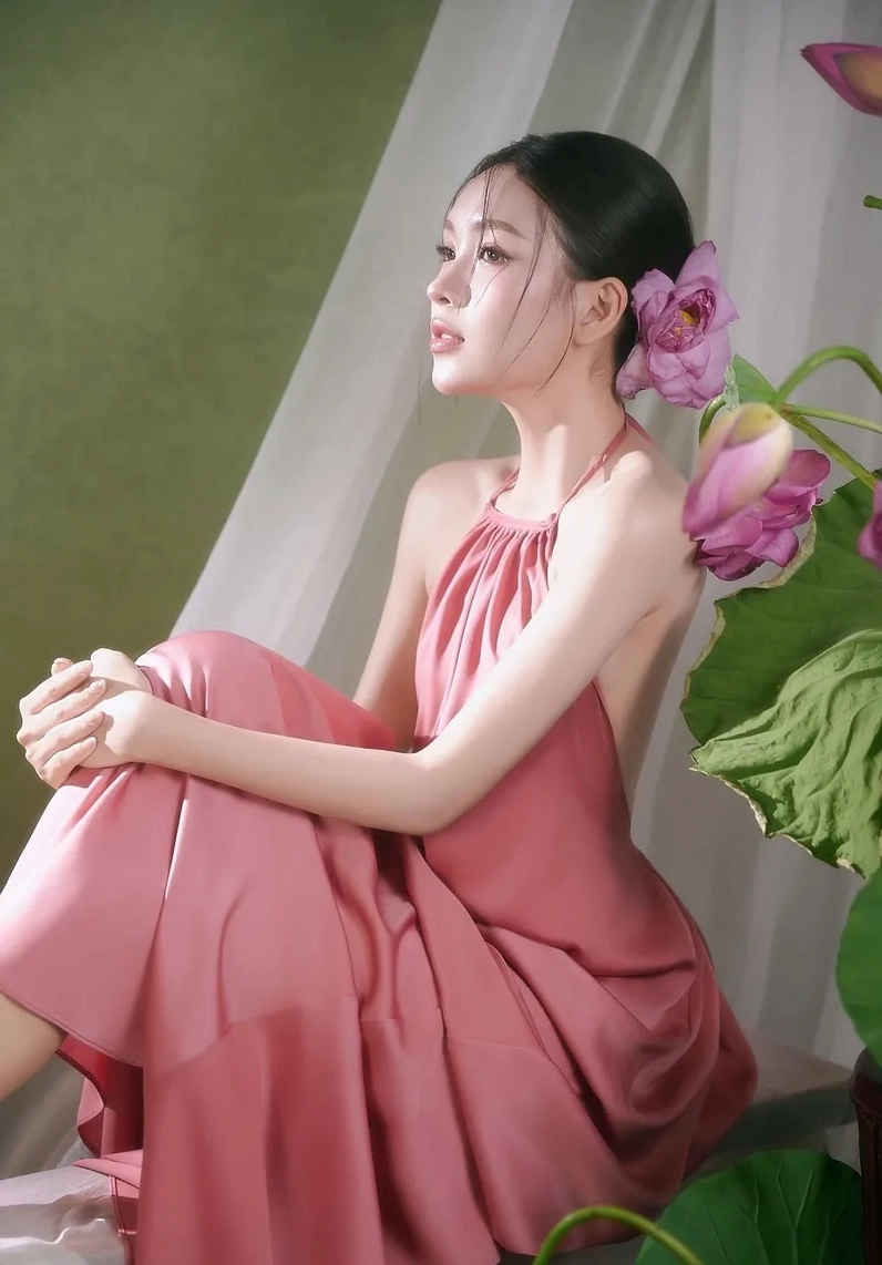 gái xinh yếm và hoa sen hồng lãng mạn