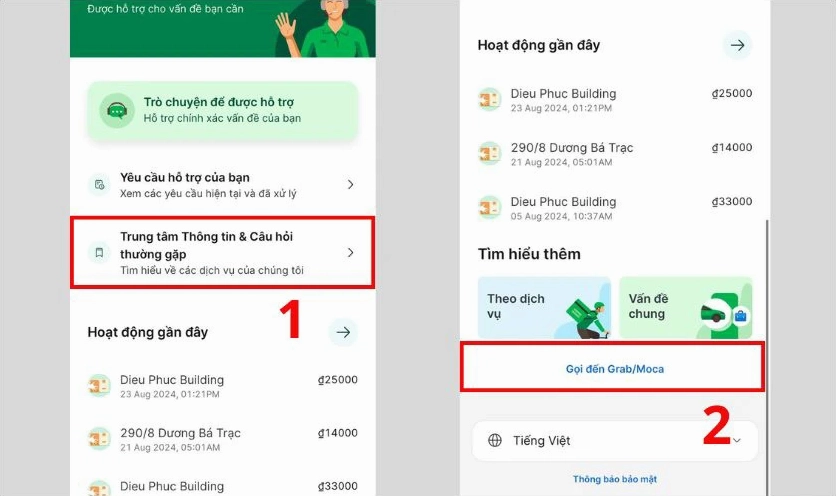 Gọi Grab hoặc Moca thông qua ứng dụng