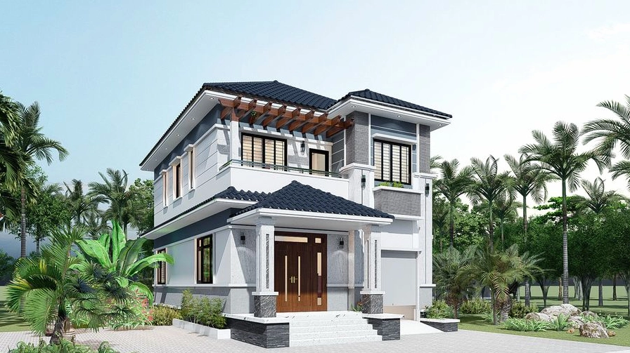 Kiến trúc hiện đại với hình khối mạch lạc, mái dốc nhẹ và hệ cửa lớn giúp ngôi nhà luôn thông thoáng, đón sáng tự nhiên hiệu quả