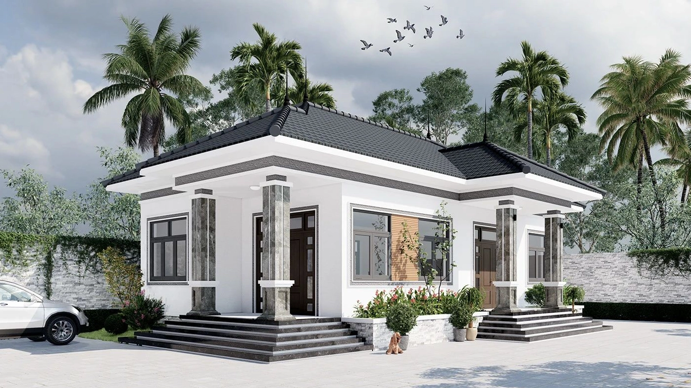 Mặt tiền nhà cấp 4 hiện đại, tiện nghi với tone màu trắng
