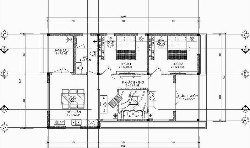 Mẫu bản vẽ nhà cấp 4 mái thái 2 phòng ngủ
