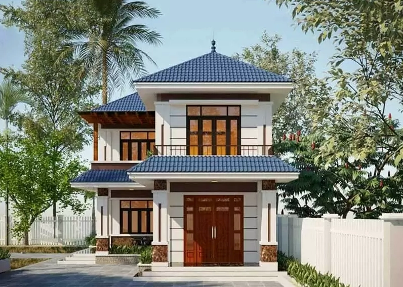 nhà 1 trệt 1 lầu mái thái ngói xanh